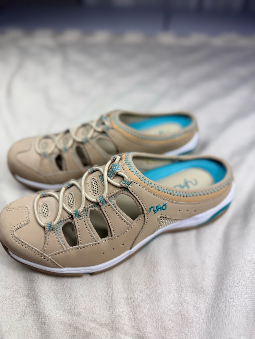Ryka Beige Slip-On Clog with Teal Accents